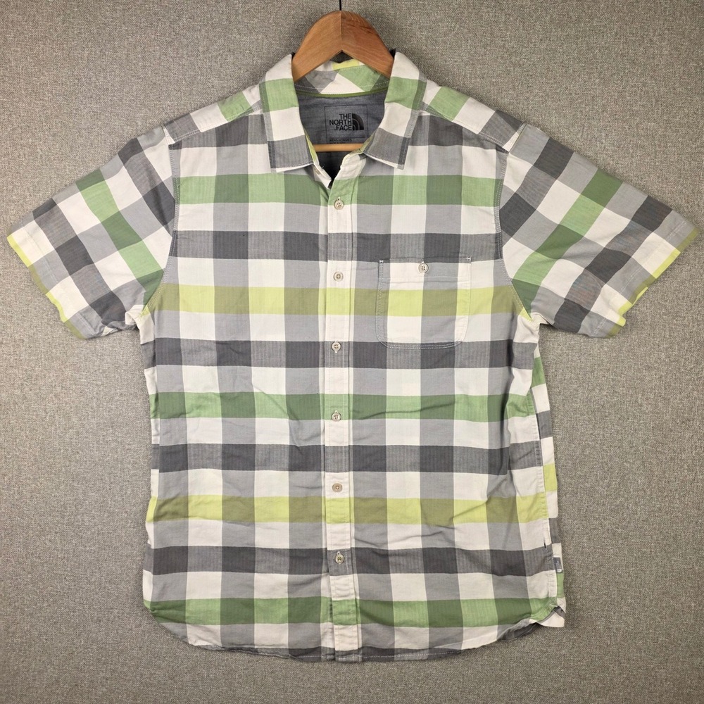 The North Face Mens Green Grey Plaid Short Sleeve Button Down Shirt Large